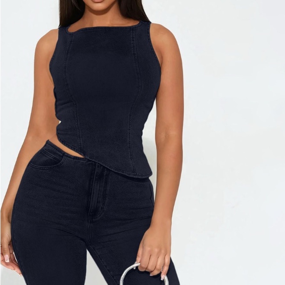 2 piece denim set. Straight leg. Side zipper